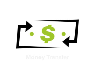 Para transferi logosu tasarımı. Finansal hizmetler, nakit geri ödeme konsepti, para iadesi, yatırım, döviz kuru. Vektör illüstrasyonu.