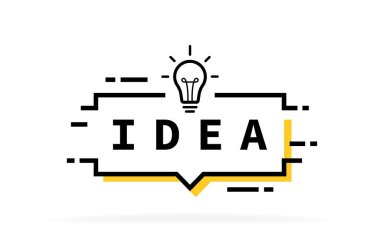 Ampul amblemli fikir geometrik piksel mesaj balonu. İş ve reklam için pankart tasarımı. Vektör illüstrasyonu.