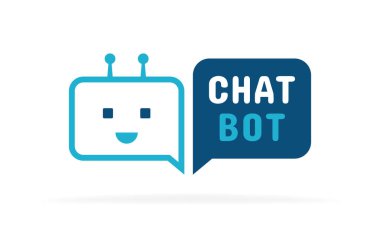 Chatbot karakteri. Konuşma baloncuğu işaretli şirin robot. Chatbot logo tasarımı. Online danışmanlık ve destek servisi için robot. Düz vektör illüstrasyonu.