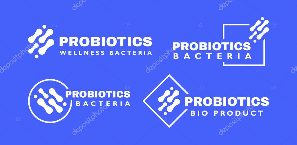 Set probiotics bacteria label icon. Logo design. Healthy nutrition ingredient for therapeutic purposes. Vector illustration.