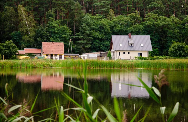 Όμορφο Τοπίο Ζωγραφική Σπίτι Δίπλα Στη Λίμνη Στο Δάσος — Φωτογραφία Αρχείου