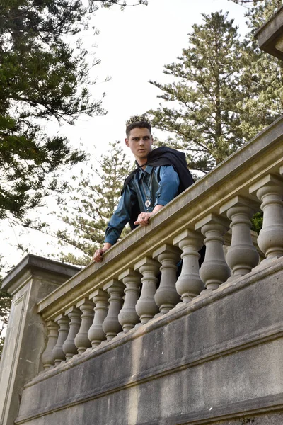 stock image portrait of handsome man wearing fantasy medieval prince costume with golden crown and romantic silk shirt.  sitting on a stone balcony in a historical castle location background.