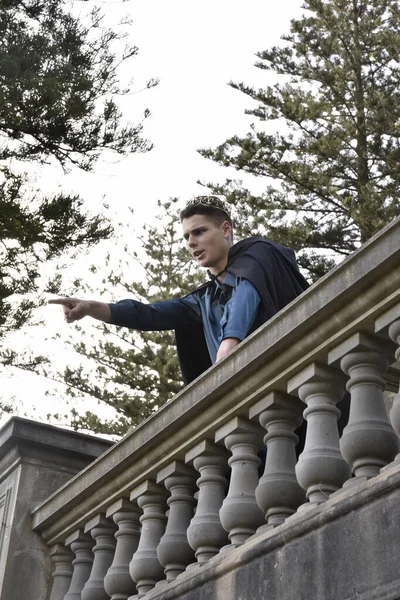 stock image portrait of handsome man wearing fantasy medieval prince costume with golden crown and romantic silk shirt.  sitting on a stone balcony in a historical castle location background.