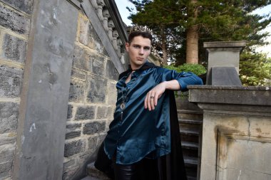 portrait of handsome brunette man wearing fantasy medieval prince costume with golden crown and romantic silk shirt and dark flowing black cloak. historical castle location background. clipart