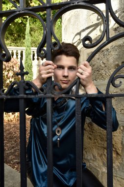 portrait of handsome brunette man wearing fantasy medieval prince costume  romantic silk shirt. behind metal bars of a gate  of historical castle location background.