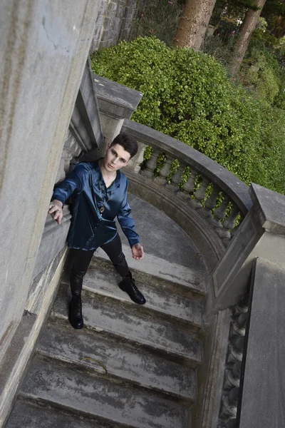 portrait of handsome brunette male model wearing fantasy medieval prince costume, romantic silk shirt. Wandering around historical castle location background with stone staircase.