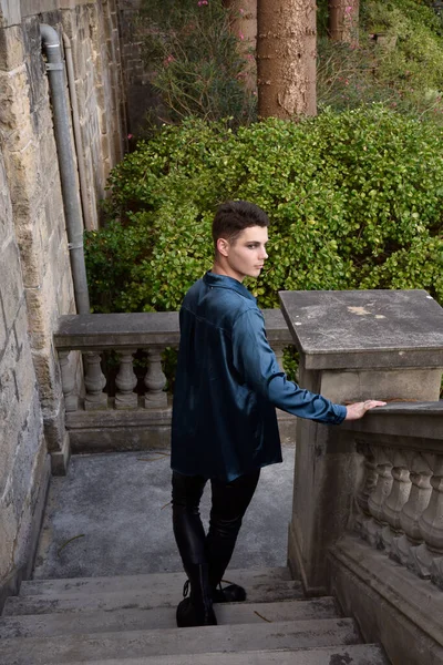 portrait of handsome brunette male model wearing fantasy medieval prince costume, romantic silk shirt. Walking around historical castle location background with stone staircase.