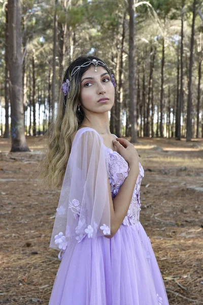 stock image Close up portrait of beautiful young blonde model wearing a purple princess fantasy ball gown with flower crown diadem.Pine forest location background with golden lighting.