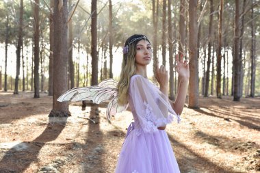 portrait of beautiful young blonde model wearing a purple princess fantasy ball gown with flower crown diadem, posing with butterfly wings. pine tree forest location background with golden lighting.