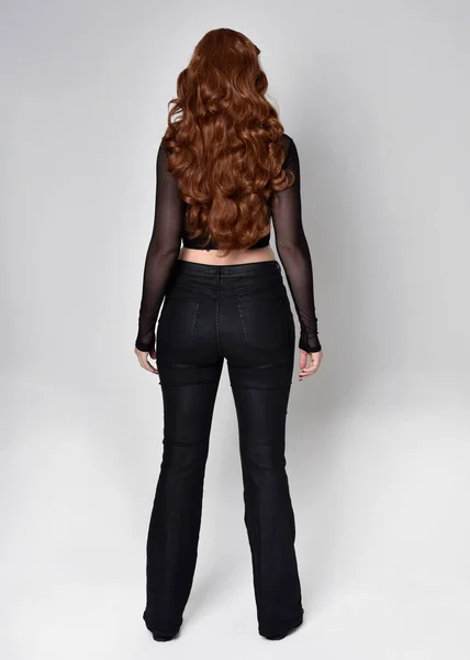 Full Length Portrait Beautiful Woman Long Red Hair Wearing Black — Stock Fotó