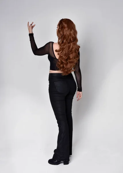 Full Length Portrait Beautiful Woman Long Red Hair Wearing Black — Photo