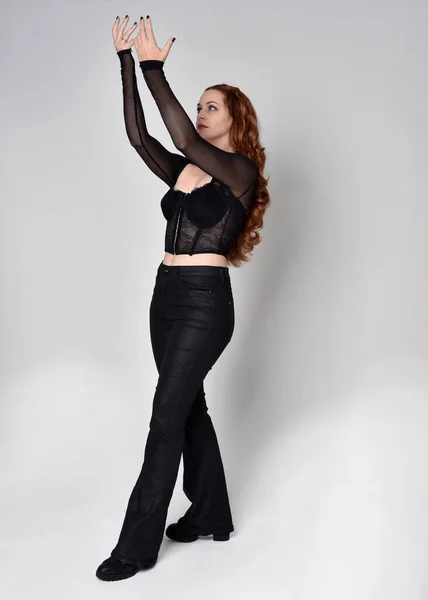 Full Length Portrait Beautiful Woman Long Red Hair Wearing Black — 스톡 사진