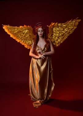 Uzun kızıl saçlı, altın ipek cüppeli, taç ve fantezi tüylü melek kanatlı güzel kadın modelinin tam boy portresi. Ayakta duran hareketli eller, koyu kırmızı stüdyo arka planında izole bir şekilde uzanıyor.