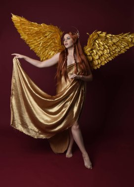 Uzun kızıl saçlı, altın ipek cüppeli, taç ve fantezi tüylü melek kanatlı güzel kadın modelinin tam boy portresi. Ayakta duran hareketli eller, koyu kırmızı stüdyo arka planında izole bir şekilde uzanıyor.