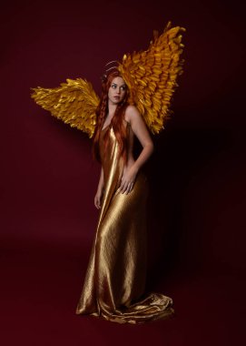 Uzun kızıl saçlı, altın ipek cüppeli, taç ve fantezi tüylü melek kanatlı güzel kadın modelinin tam boy portresi. Ayakta duran hareketli eller, koyu kırmızı stüdyo arka planında izole bir şekilde uzanıyor.