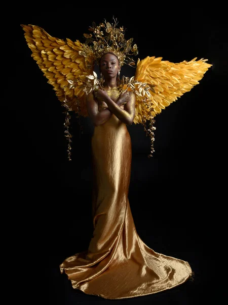 날개를 아름다운 아프리카 모델의 판타지 초상화 육체미의 어두운 스튜디오 배경에 — 스톡 사진