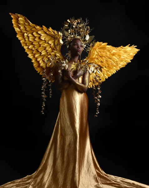날개를 아름다운 아프리카 모델의 판타지 초상화 육체미의 어두운 스튜디오 배경에 — 스톡 사진