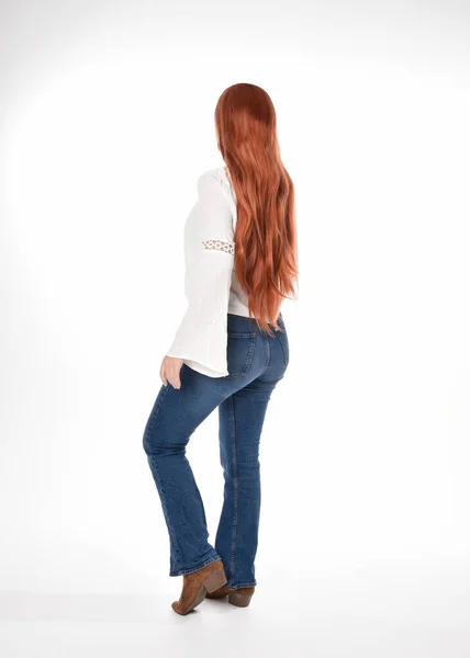 Full Length Portrait Beautiful Woman Model Long Red Hair Wearing — Stock Photo, Image