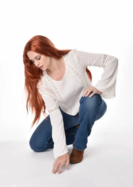 Full Length Portrait Beautiful Woman Model Long Red Hair Wearing — Stock Photo, Image