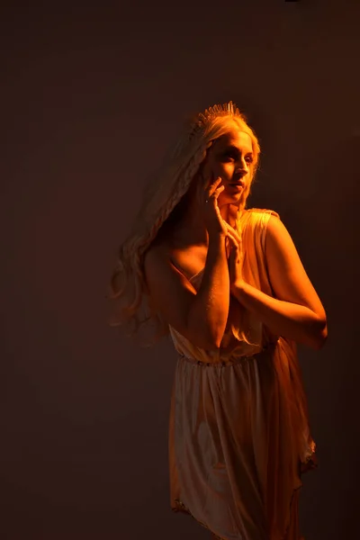 크리스털 크라운으로 장식된 환상의 의상을 아름다운 여성의 초상화 오렌지 실루엣 — 스톡 사진