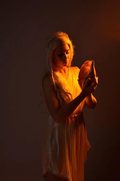 크리스털 크라운으로 장식된 환상의 의상을 아름다운 여성의 초상화 오렌지 실루엣 — 스톡 사진