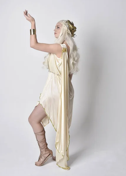 Fantezi Tanrıça Toga Kostümü Giyen Güzel Sarışın Kadının Uzun Bir — Stok fotoğraf