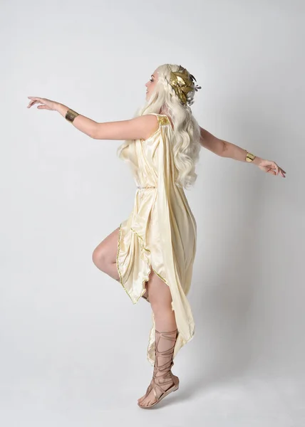 Fantezi Tanrıça Toga Kostümü Giyen Güzel Sarışın Kadının Uzun Bir — Stok fotoğraf
