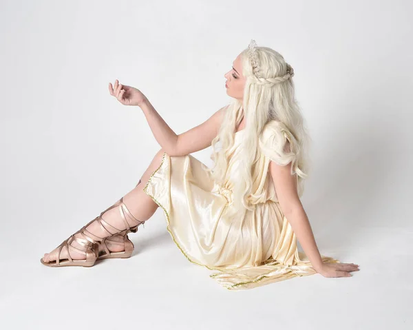 환상의 의상을 마법의 왕관을 바닥에 아름다운 여성의 초상화 스튜디오 배경에 — 스톡 사진