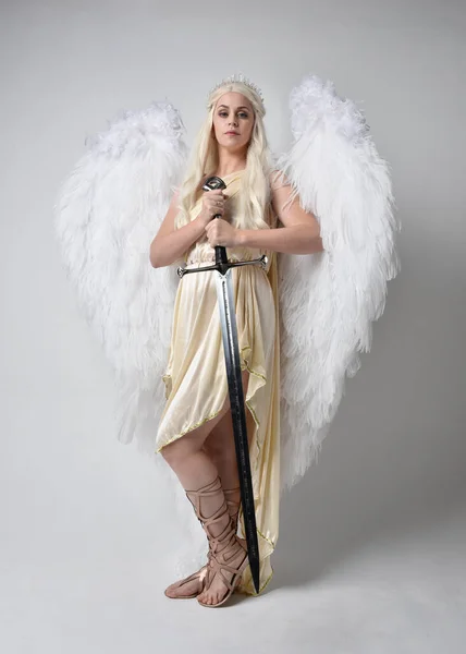 환상의 의상을 깃털이 천사의 날개를 무기를 아름다운 금발의 여인의 초상화 — 스톡 사진