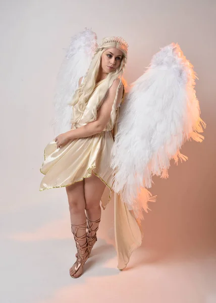 환상의 의상을 날개를 아름다운 금발의 여인의 초상화 뛰어오르는 스튜디오 배경에 — 스톡 사진