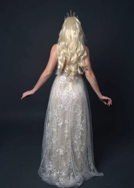 Ganzkörperporträt Schöner Frauen Mit Langen Blonden Haaren Die Fantasie Prinzessinnenkrone — Stockfoto