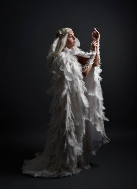 Güzel kadın modelin fantezi portresi. Uzun sarı saçlı. Öteki dünyaya ait olmayan beyaz tüylü pelerin ve başlık giyiyor..