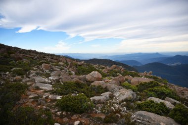 beautiful landscape vista of Mount Wellington tourist landmark in Hobart Tasmania in Australia,  with granite stones and scrubland nature