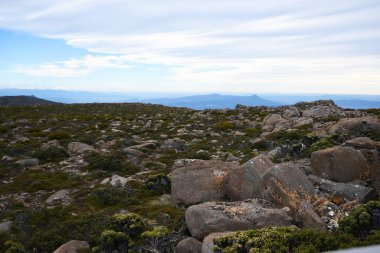 beautiful landscape vista of Mount Wellington tourist landmark in Hobart Tasmania in Australia,  with granite stones and scrubland nature