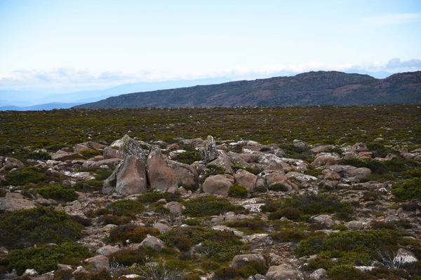 beautiful landscape vista of Mount Wellington tourist landmark in Hobart Tasmania in Australia,  with granite stones and scrubland nature