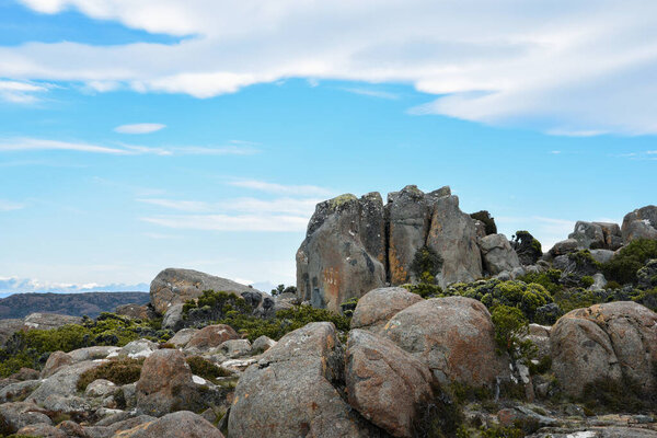 beautiful landscape vista of Mount Wellington tourist landmark in Hobart Tasmania in Australia,  with granite stones and scrubland nature