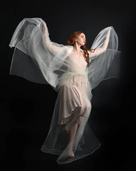 stock image Full length portrait of beautiful woman wearing white gown dress with flowing ghostly veiled fabric, isolated on dark studio background.