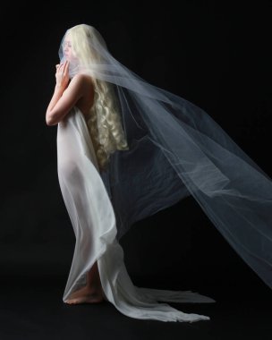 Sarışın güzel bir kadının beyaz elbiseler giydiği uzun bir portre. Örtülü beyaz bir elbise. Dar stüdyo arka planında izole edilmiş..