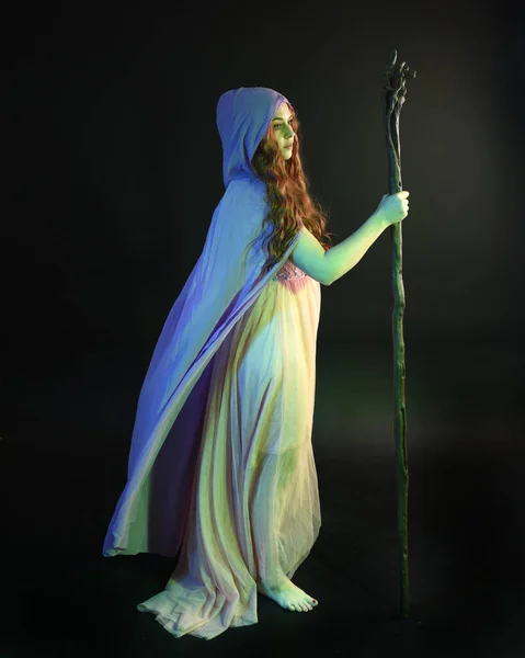 stock image Full length portrait of beautiful brunette woman wearing  a gown with purple fantasy cloak holding a wooden wizard staff, isolated on dark studio background with cinematic colourful lighting.