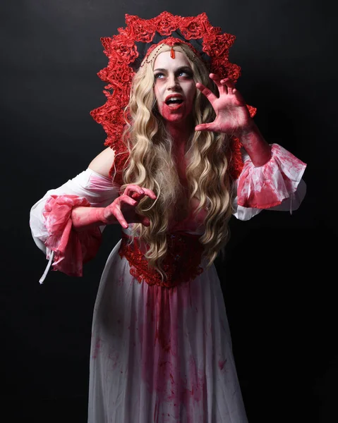 Närbild Porträtt Skrämmande Vampyr Zombie Drottning Bär Eleganta Halloween Fantasi — Stockfoto