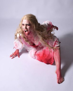  Korkunç vampir zombi gelinin portresi. Cadılar bayramı fantezi kostümü giymiş. Üzerinde kanlı kırmızı boya lekeleri var. Stüdyo arka planında izole edilmiş 