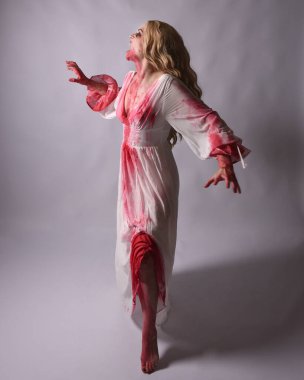  Korkunç zombi gelinin uzun bir portresi. Cadılar bayramı fantezi elbisesi ve kanlı kırmızı boya sıçraması. Ayakta durmada. Stüdyo arka planında izole edilmiş 