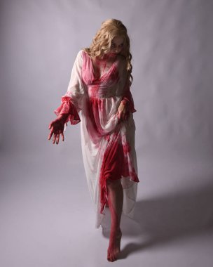  Korkunç zombi gelinin uzun bir portresi. Cadılar bayramı fantezi elbisesi ve kanlı kırmızı boya sıçraması. Ayakta durmada. Stüdyo arka planında izole edilmiş 