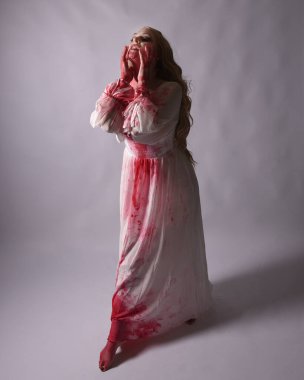  Korkunç zombi gelinin uzun bir portresi. Cadılar bayramı fantezi elbisesi ve kanlı kırmızı boya sıçraması. Ayakta durmada. Stüdyo arka planında izole edilmiş 