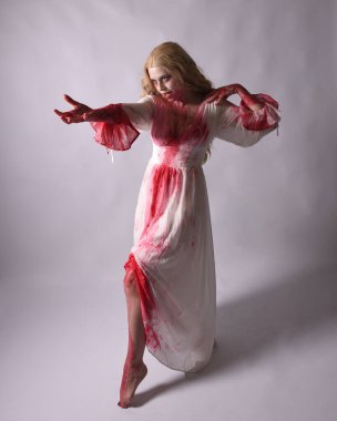  Korkunç zombi gelinin uzun bir portresi. Cadılar bayramı fantezi elbisesi ve kanlı kırmızı boya sıçraması. Ayakta durmada. Stüdyo arka planında izole edilmiş 