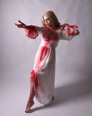  Korkunç zombi gelinin uzun bir portresi. Cadılar bayramı fantezi elbisesi ve kanlı kırmızı boya sıçraması. Ayakta durmada. Stüdyo arka planında izole edilmiş 