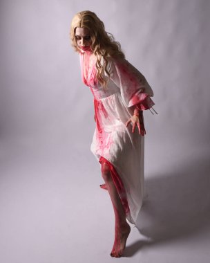  Korkunç zombi gelinin uzun bir portresi. Cadılar bayramı fantezi elbisesi ve kanlı kırmızı boya sıçraması. Ayakta durmada. Stüdyo arka planında izole edilmiş 