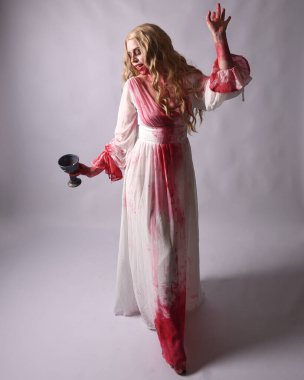  Korkunç vampir zombi gelinin portresi. Üzerinde kanlı kırmızı boya lekeleri olan şık bir Cadılar Bayramı fantazisi kostümü var. Elinde şarap kadehi var. Stüdyo arka planında izole edilmiş 