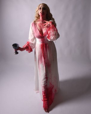  Korkunç vampir zombi gelinin portresi. Üzerinde kanlı kırmızı boya lekeleri olan şık bir Cadılar Bayramı fantazisi kostümü var. Elinde şarap kadehi var. Stüdyo arka planında izole edilmiş 