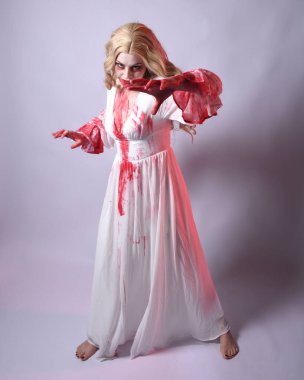  Korkunç zombi gelinin uzun bir portresi. Cadılar bayramı fantezi elbisesi ve kanlı kırmızı boya sıçraması. Ayakta durma pozu. Beyaz stüdyo arka planında izole edilmiş. 